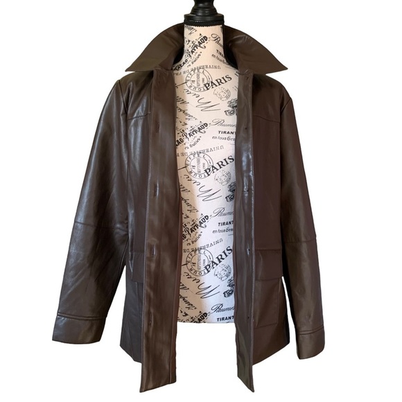 nwt Elie Tahari Faux Leather Jacket Belted Button Down Coat Brown Size Medium - Picture 13 of 16